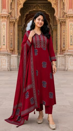 Image of Women's Cotton Kurta Sets for Women with Palazzo Pants with Dupatta for Woman | Pure Cotton 3 Piece Kurti Set | Women Suit Set for Daily