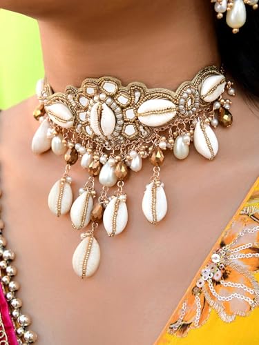 Image of SANJOYA Traditional Cowrie Shell & Pearl Bridal Choker Necklace for Haldi | Gold-Tone Kundan Beaded Indian Ethnic Choker with Crystal & Shell Drops | Mehndi Sangeet Wedding Jewellery for Women & Girls