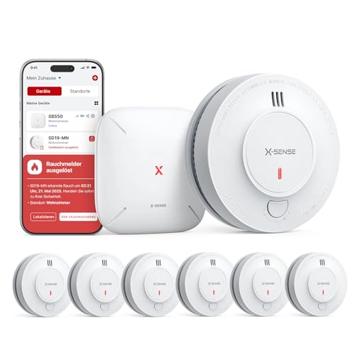X-Sense Smart WLAN-Rauchmelder mit 10-Jahres-Batterie und SBS50 Basisstation, photoelektrischer vernetzbarer Funk-Brandmelder, SD19-MN61, 6 Stück