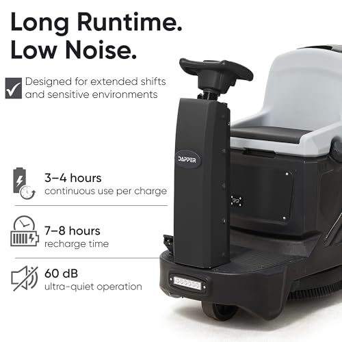 Battery Powered Ride-On Commercial Floor Scrubber Machine, 22\" Brush, 31.5\" Squeegee Width, 19 gal Solution Tank, 20 gal Recovery Tank, 5 hr Use 7 hr Charge, 200 RPM, 48,400 Sqft/H, Batteries Included