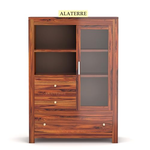 Image of Wood Book Shelf with Glass Door with Storage | Wooden Book Shelf for Home Library with Drawer | Home Office Living Room, Kitchen Crockery Storage Cabinet |, Honey Finish