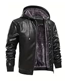 INVACHI Men's Leather Jacket PU Bomber Motorcycle Jacket with Fleece Lined Hood Windproof Winter Coat