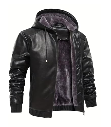 INVACHI Men’s Faux Leather Jacket Motorcycle Bomber Jacket with Hood Fleece Lined Windproof Winter Coat