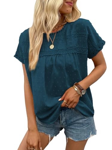 Poetsky Womens Summer Short Sleeve Lace Crochet Blouses Flowy Babydoll Dressy Casual Work Tops
