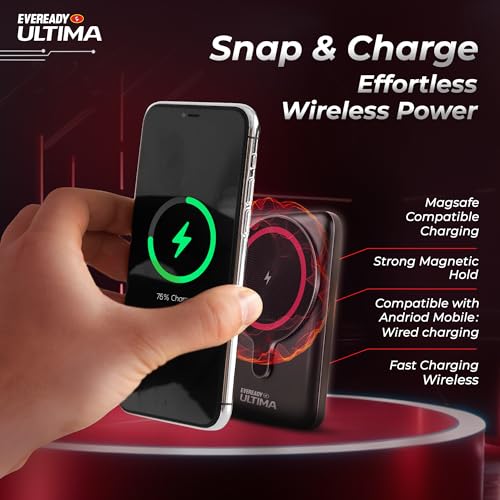 Image of Eveready Ultima MagSafe Compatible Power Bank- PB30, 5,000mAh, 22.5W Wired & 15W Magnetic Wireless Fast Charging for iPhone 12 & Above, Android & Qi Devices (Ensure Device & Case Compatibility)
