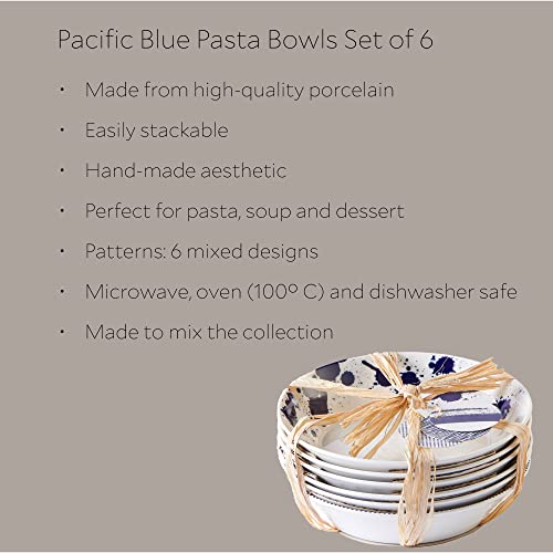 Royal Doulton Porcelain Pacific Mixed Patterns Set Of 6 Pasta Bowls, 22Cm, Blue #TOP1