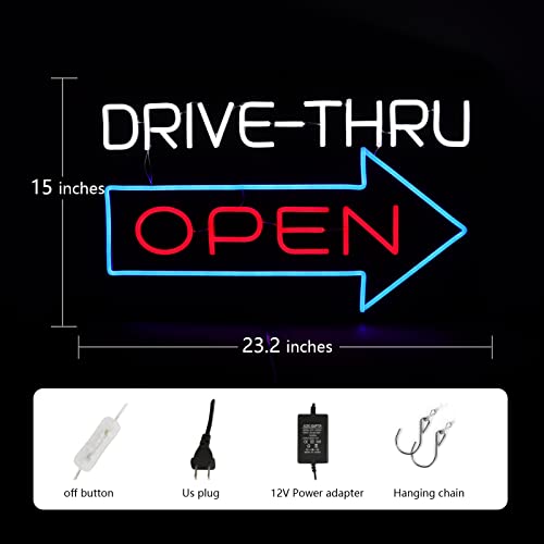 Image of Large Drive Thru Open Neon Signs for Wall Decor Neon Lights for Bedroom Led Signs Suitable for Drive Thru Open Office Man Cave Bar Christmas 12V Power Adapter, 23.2*15Inch(Red + Blue+ White)