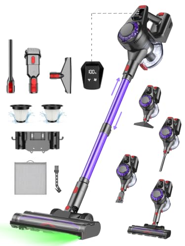 Aspiradora Sin Cable 45KPa 480W Motor Mejorado 50Min, 1.6L Aspirador Sin Cable Autoportante, Carga de Pared y V Anti-Enredos, Escoba Aspiradora Sin Cable LED Display para Mascotas Alfombras y Parqué