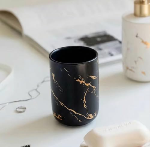 Image of Ceramic Bath Accessories Set of 3 (Luxe Black) - 400ml Soap Dispenser, Tumbler & Soap Dish, Black with Gold Marble Design, Bathroom Countertop Organizer for washbasin