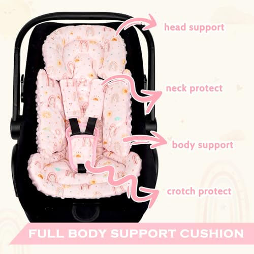 Image of Infant Car Seat Insert and Strap Covers, Very Soft Car Seat Head Support Baby Girl Boy, Reversible Newborn Carseat Insert Cushion Fits for Stroller, Baby Swing, Bouncer (Pink Rainbow)