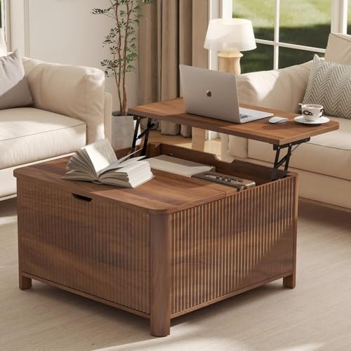 LYNCOHOME 31.5' Fluted Lift Top Coffee Table with Storage, Square Coffee Tables for Living Room,...