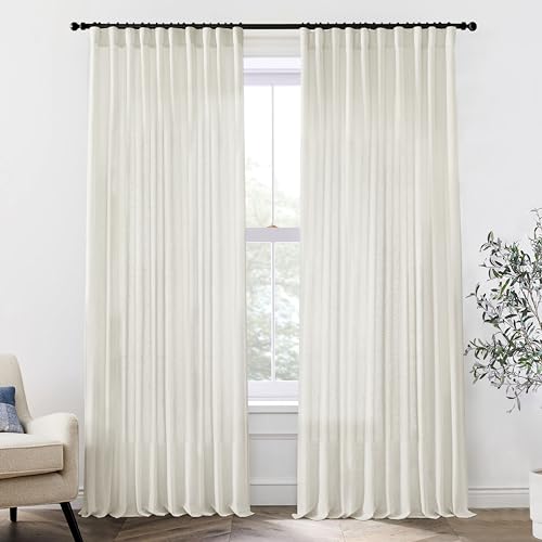 Image of Extra Wide Curtains 70 In Width for 60 & 72 Inch Window,Pleated Back Tab Linen Semi Sheer Full Length Curtains for Living Room Sliding Glass Door 2 Panel Set,72x108,70x108,6FT x 108 Inches Long,Cream
