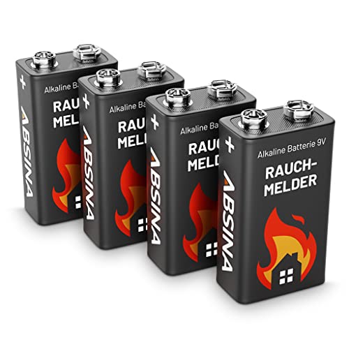 ABSINA 4x Batteria 9v per rivelatore di fumo alcaline - Pile 9 volt longevoli - Pile 9V per rivelatori d'incendio, movimento, monossido di carbonio, allarmi di avvertimento e antifumo - Pila 9V