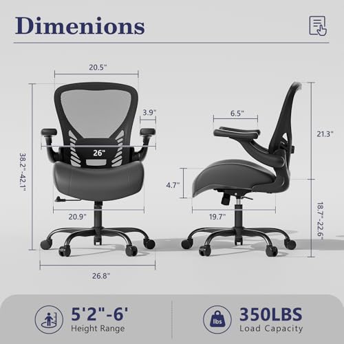 Image of GYI Ergonomic Office Chair with Memory Foam Cushion, Big and Tall Office Chair, 4.7 inch Thickened Seat Heavy Duty Desk Chair with Technical Mesh Back, 3D Flip-up Arms, Wheels for Heavy People, Black