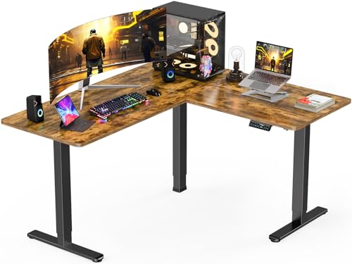 ErGear L Shaped Standing Desk, 160x140 cm Corner Standing Desk, Electric Height Adjustable Desk with 3 Memory Controls, Dual Motor Sit Stand Gaming Desk for Home Office, Vintage Brown