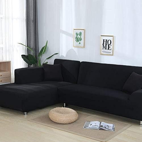 OKJK Corner Sofa Cover, Elastic Microfiber and polyester fabrics, Machine Washable, couch covers, for Living Room Sofa Protector, Sofa Cover L Shape Order 2 Pieces (Black, 2seater and 3seater)
