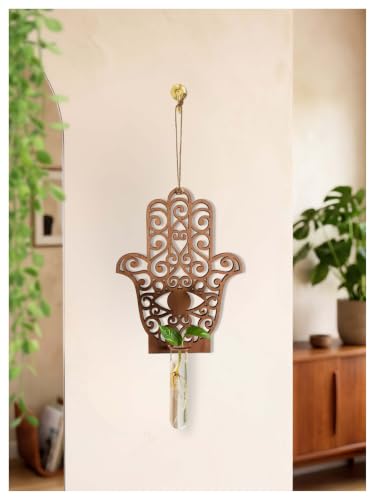 Image of Bombay Greens Hanging Hamsa Evil Eye Planter with Wooden Holder & Rope | Test Tube Planter | Wooden Stand for Home Decor, Living Room, Balcony & Office Decoration