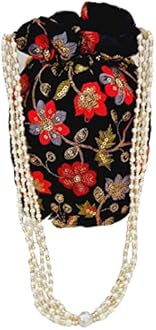 Piyas Planet Jari Potli Bag With Pearl Handle (Black-Red)