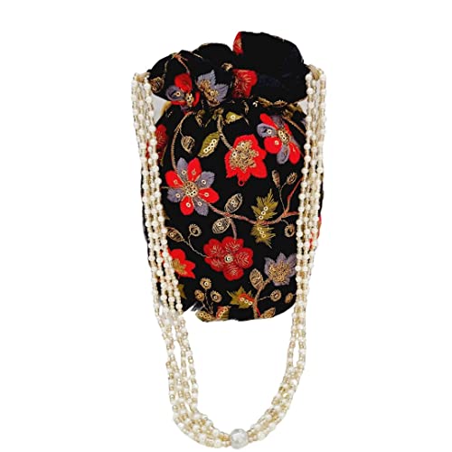 Piyas Planet Jari Potli Bag With Pearl Handle (Black-Red)