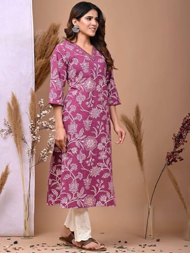Image of Rimeline Women's Cotton Printed Kurta with Embellished V-Neck Design | Straight Fit Ethnic Wear for Office, Casual & Daily Use