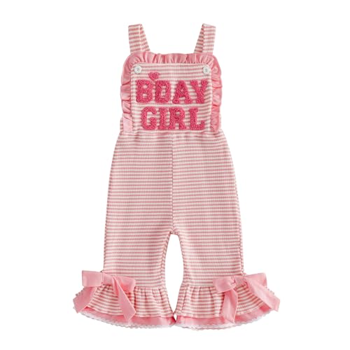 Onfmst Toddler Kids Girl Birthday Outfit B-Day Party Overalls 1st 2nd 3rd 4th 5th BDay Romper Striped Bell Bottoms Jumpsuit (Pink 5T)