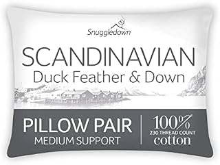 Snuggledown Scandinavian Classis Duck Feather and Down White Pillows 2 Pack Medium Support Designed for Back and Side Sleepers Bed Pillows, 2 Count (Pack of 1)