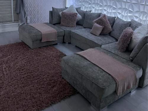 Alaska Truffle L or U Shaped Corner Sofa | Large Footstools | Warranty Included | Chenille Fabric | L Shape U Shape (Scatterback), Grey - Image 2
