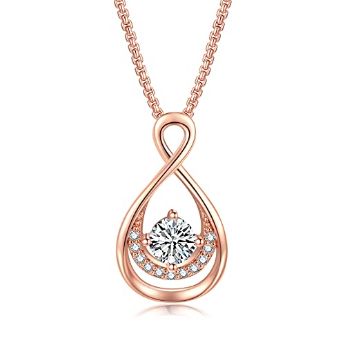 Praelinos Collier Femmes Infini Pendentif 18K Plaqué Or Rose Pierre de Naissance Pendentif 5A Zircone Cubique Ton Argent Cadeaux de Bijoux pour Femme Fille Noël Saint-Valentin (Blanc) Cover