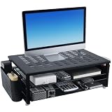Halorin Supporto per monitor, organizer da scrivania con cassetto e 2 portapenne, rialzo per monitor, 48,5 x 25 x 15 cm, con passacavi, per laptop, computer, notebook, PC (nero)