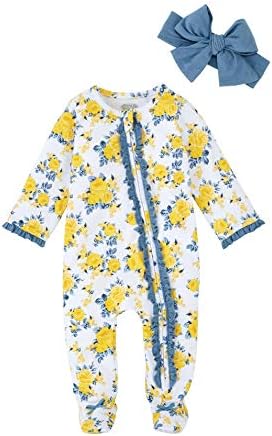 Mud Pie Baby Girls' Floral Sleeper and Headband, Yellow, 0-3 Months