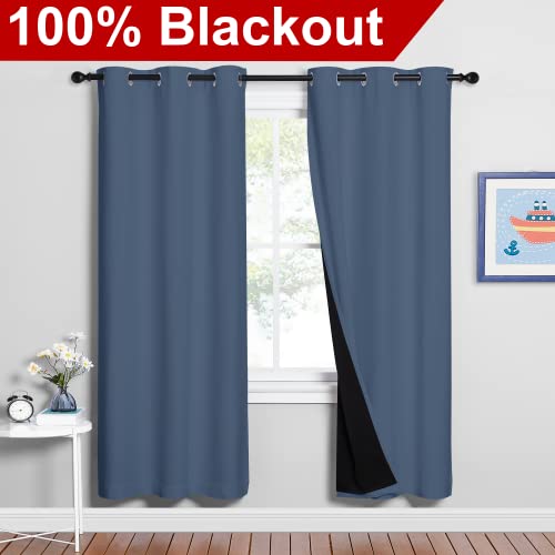Image of NICETOWN 100% Blackout Curtains Thermal, Stone Blue, 1 Pair, W37 x L70, Noise Reduction and Privacy Curtains for Patio Door, Black Lined Blackout Drapes with Grommet Top