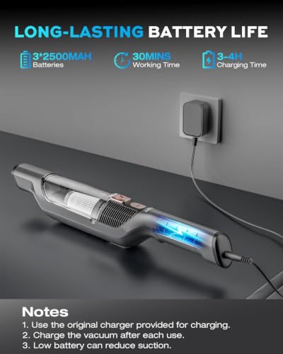 Zefiro Compact Powerful Cordless Handheld Vacuum, Rechargeable Portable Car Vacuum for Car & Pet Hair, Brushless Motor 25000PA High Suction, XL Dust Cup, 2 Brushes & Filters, Long Runtime with Charger — view 4