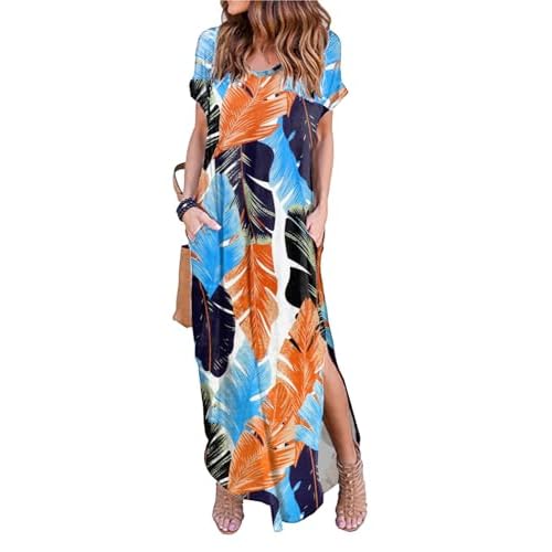 HUSKARY Women's Summer Maxi Dress Casual Loose Pockets Long Dress Short Sleeve Split Maxi Dresses X-Small Army Green 01