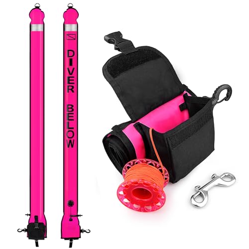 Surface Marker Buoy Scuba with Reel, 6ft High Visibility Diving Open Bottom Signal Tube Safety Sausage with Pouch Bag, 100ft ABS Dive Reel and Steel Double-Ended Bolt Snap