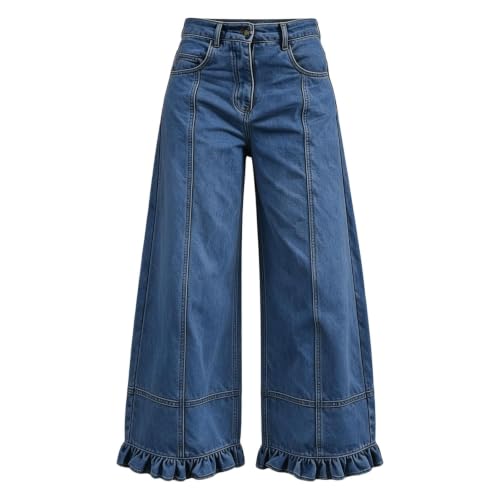 Loinjsnktng Cute Jeans for Women Trendy Ruffle Jeans Baggy Trendy Denim Pants Wide Leg Casual Boyfriend Bottoms with Pockets Dark Blue - image 3