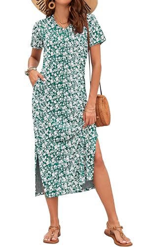 Image of MISFAY Womens Maxi Dress Short Sleeve V Neck Loose with Pockets | Soft stretchy breathable, v neck loose fit, side split hem, two side pockets, casual daily beach vacation travel dress