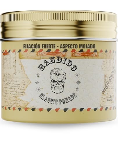 BANDIDO Classic Pomade 125ml – Cera para el Cabello Hombre Tenuta Fuerte con Brillo Intenso | Pomada Water-Based Efecto Mojado Profesional – Cera para Peinar Hombre con Aroma Fresco Masculino