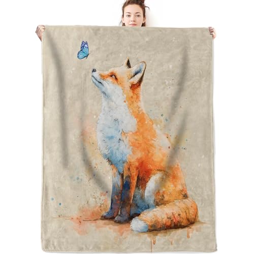 olpddz Fox and Butterfly Flannel Blanket Gifts for Nature Lover,60x50inch,Whimsical Forest Animal Throw Blankets with Watercolor,for Bedroom,Sofa,Living Room,Camping Autumn Home Decor Throws