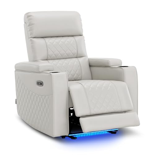 MCombo Power Recliner Chair for Adults, Home Theater Seating with Power Headrest, FSC Certified, USB & Type C Ports, Armrest Storage & LED Light HTS432 (Light Grey, Single Recliner)