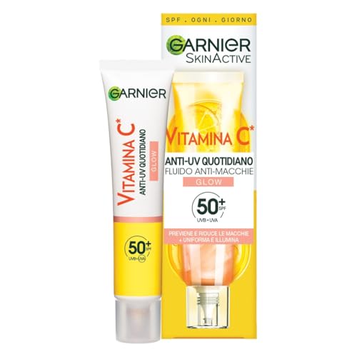Garnier Fluido Anti-UV Quotidiano Anti-Macchie Glow, SPF 50+, Per Tutti i Tipi di Pelle, Arricchito con Vitamina C*, Protegge dai Raggi UV, Uniforma e Illumina, Daily UV Glow, 40 ml