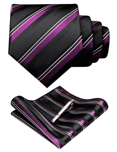 Image of RBOCOTT Silk Stripe Plaid Tie and Pocket Square with Tie Clip Sets for Men