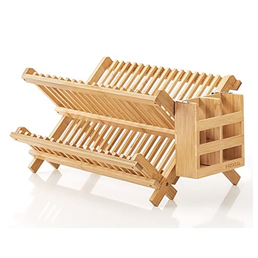 HBlife Dish Rack, Bamboo Folding 2-Tier Collapsible Drainer Dish Drying Rack With Utensils Flatware Holder Set (1, Dish Rack With Utensil Holder)