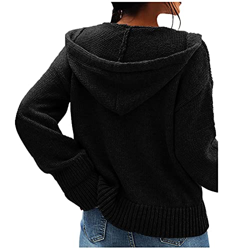 Ladies Button Cardigan Sweater Long Sleeve Loose Knit Hooded Sweatshirt Cardigan Loose (Black, Xxl) #TOP3