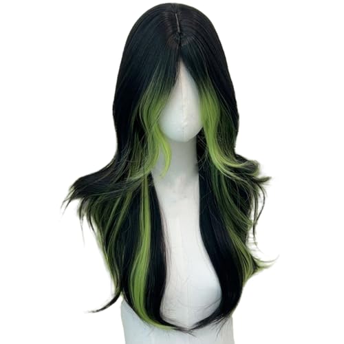 Black Green Highlight Long Wavy Wig for Women Middle Part Synthetic Long Green Ombre Curly Hair Wig Heat Resistant Fiber for Daily Use