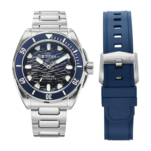 Image of Titan Zero Hour Diver's 300m Automatic Analog with Blue Dial Silver Stainless Steel & Blue FKM Strap Watch for Men - 10069KM01