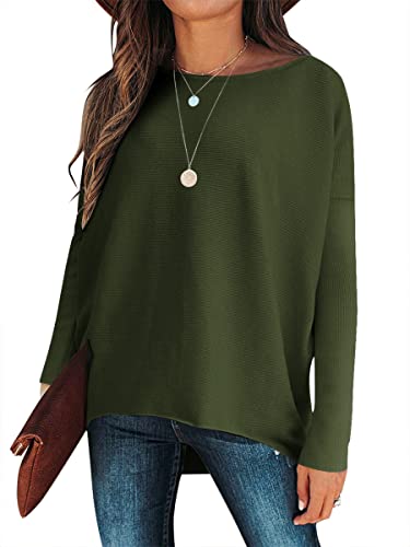 Caracilia Women's Off Shoulder Sweater Batwing Sleeve Loose Oversized Pullover Sweater Relaxed Fit Sweater Jumper Green 3Co96-Qianjunlv-M #TOP29