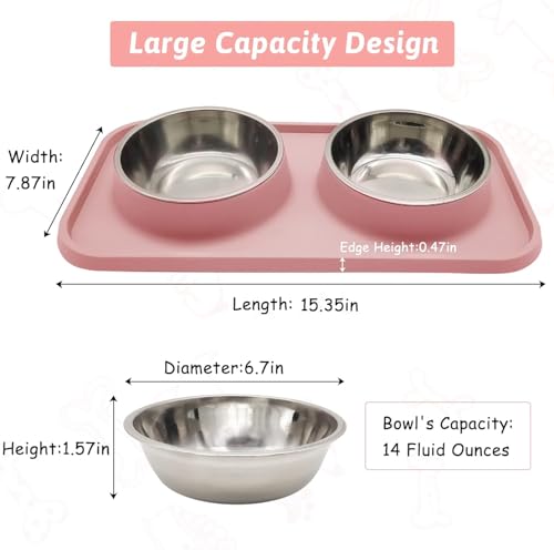 BNOSDM Double Dog Food Bowls Stainless Steel Dog Food and Water Bowls with Non-Spill Plastic Mat Pet Cat Feeder Bowl Set for Puppy Cats Kitten Small Medium Dogs Pink - Image 3