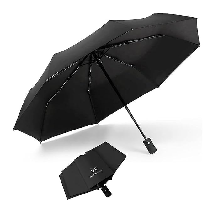 Image of Auto Open Umbrella with Carabiner Hook Handle - 3 Fold Compact Travel Umbrella for Men & Women | Double Fibreglass Wind Resistant Frame | UV Coated Sun & Rain Protection