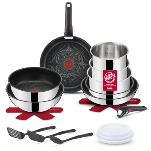Lagostina Ingenio Inox, Set 20 Pezzi, Padelle, Wok e Tegame con Rivestimento antiaderente, Casseruole in Acciaio Inox, con Manico Rimovibile, per Tutte le Fonti di Calore, Inclusa Induzione