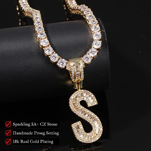 Lulu Mel Iced Out Baguette Diamond Gold Plated Name Necklace Personalized For Men Women, Hip Hop Jewelry Custom Name Plate Necklaces Baguette With Tennis Chain（Gold #TOP3